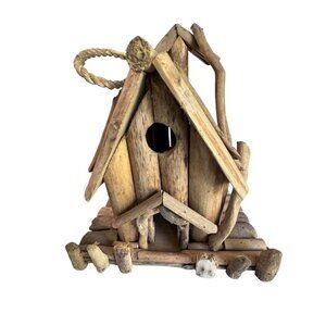 Rustic Handcrafted Driftwood Birdhouse With Rope Handle
